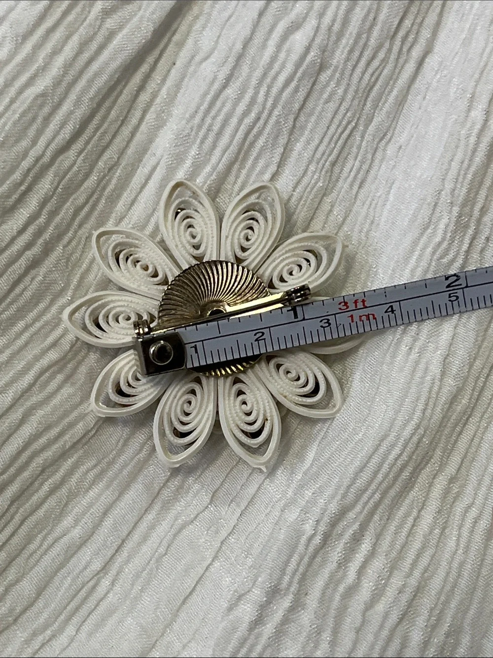 Antique Cream Floral Brooch with Blue Rhinestones